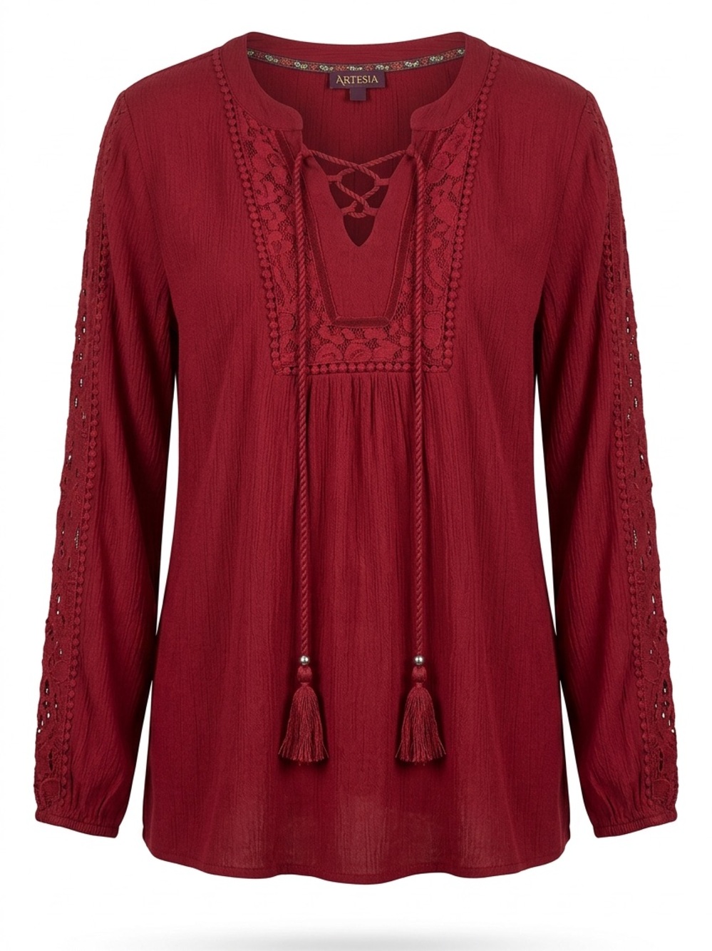 Women’s Artesia Peasant Blouse w/ Maroon Lace Up with Flowy Design  Blouse XL